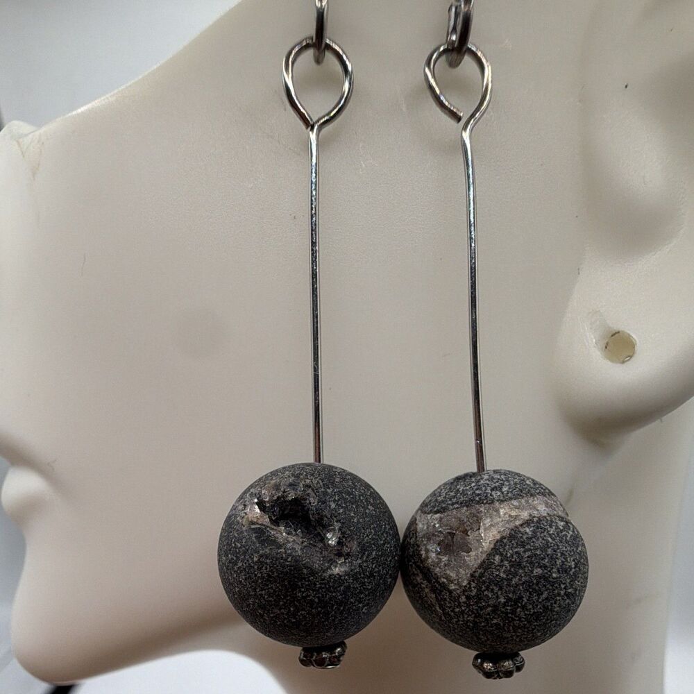 Gray Round Stone Bead Dangle/Drop Hook Earrings Silver Tone Metal
